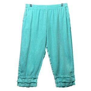 Focus Casual Life 100% Linen Crop‎ Pants Aqua Ruffle Hem Pull On Women's S
